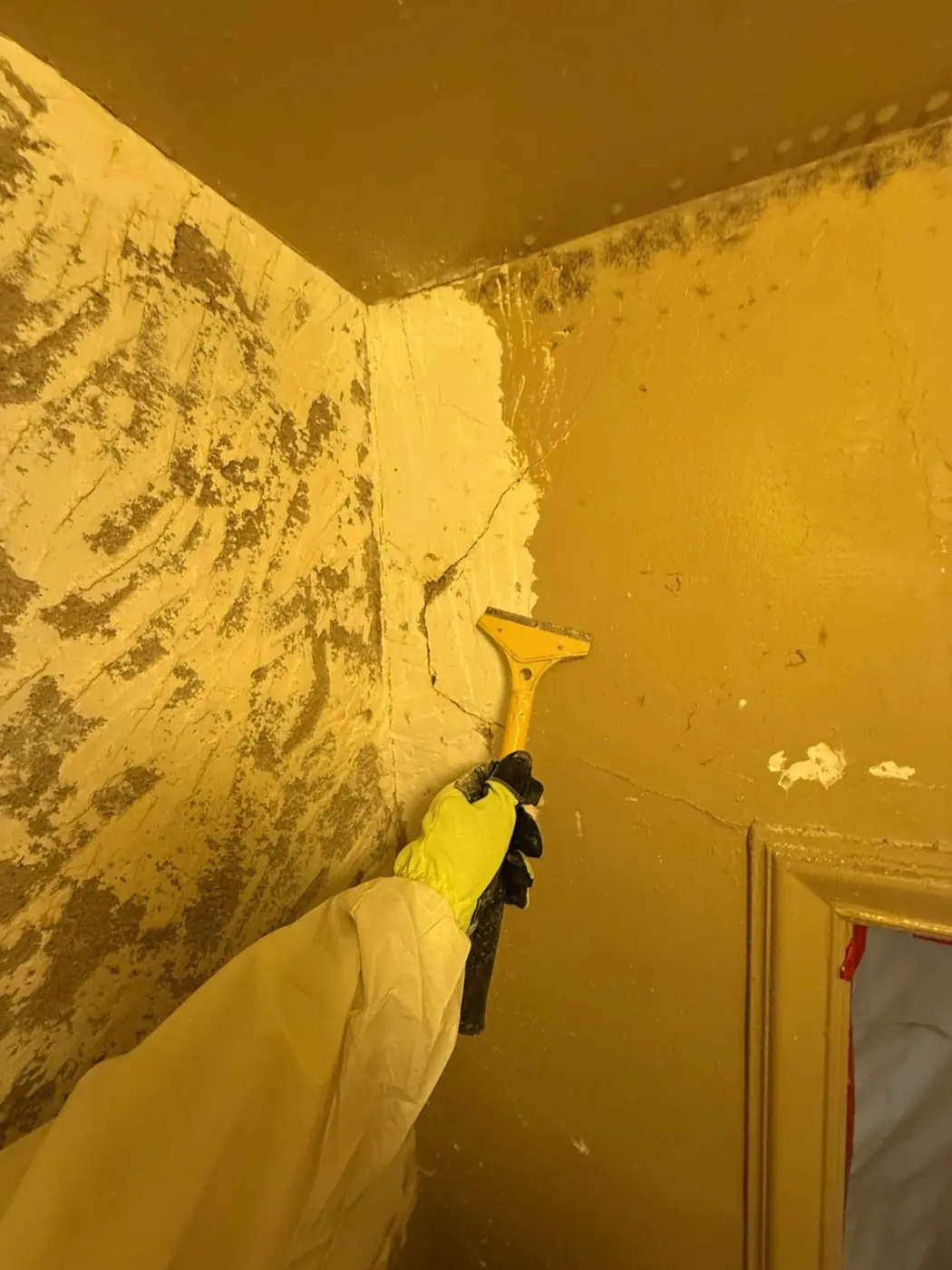 Technician in a protective suit scraping mold affected plaster off a bathroom wall during remediation in Denver